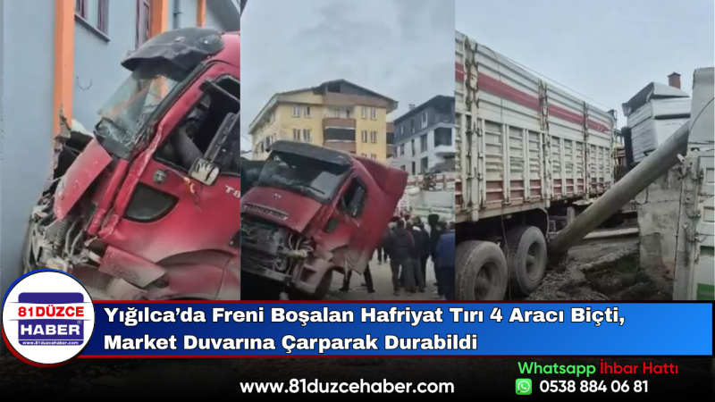 Yığılca’da Freni Boşalan Hafriyat Tırı 4 Aracı Biçti, Market Duvarına Çarparak Durabildi