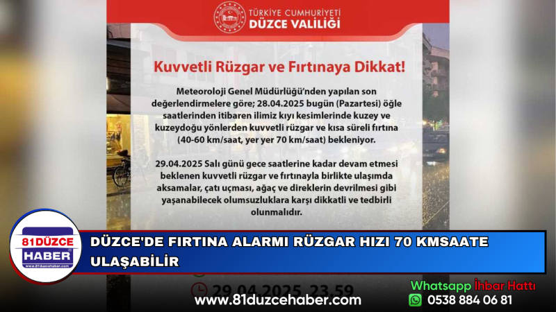 DÜZCE'DE FIRTINA ALARMI RÜZGAR HIZI 70 KMSAATE ULAŞABİLİR