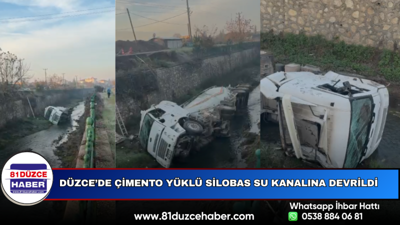 Düzce’de Çimento Yüklü Silobas Su Kanalına Devrildi