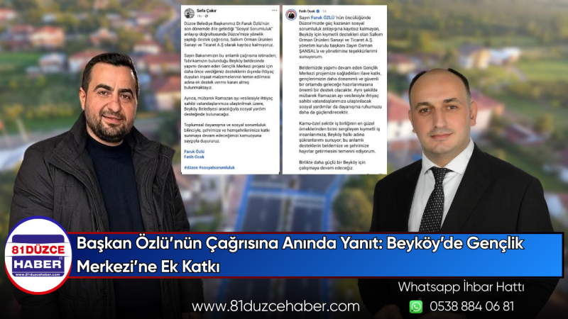Başkan Özlü’nün Çağrısına Anında Yanıt: Beyköy’de Gençlik Merkezi’ne Ek Katkı