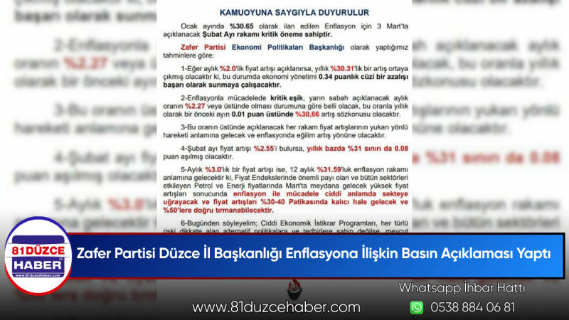 Zafer Partisi Düzce İl Başkanlığı Enflasyona İlişkin Basın Açıklaması Yaptı