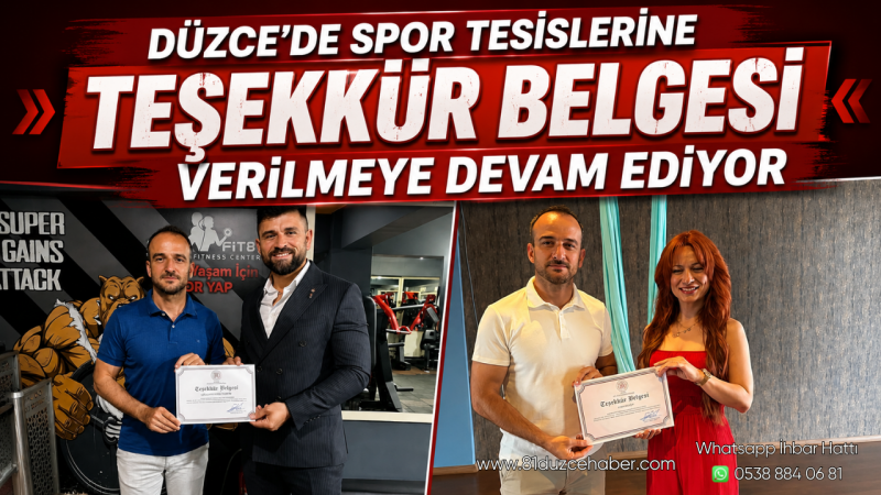 Düzce’de Spor Tesislerine Teşekkür Belgesi Verilmeye Devam Ediyor